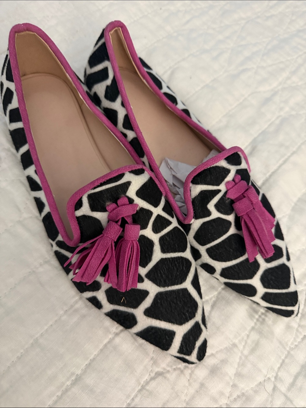 Black & White Patterned animal print Pointed Loafers with Pink Tassel Trim